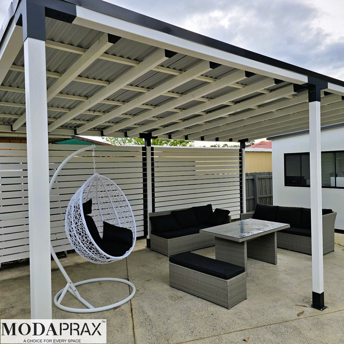 Modaprax Double Angled pergola with Top Rafters and colorbond roof Modaprax Double Angled pergola with Top Rafters and colorbond roof